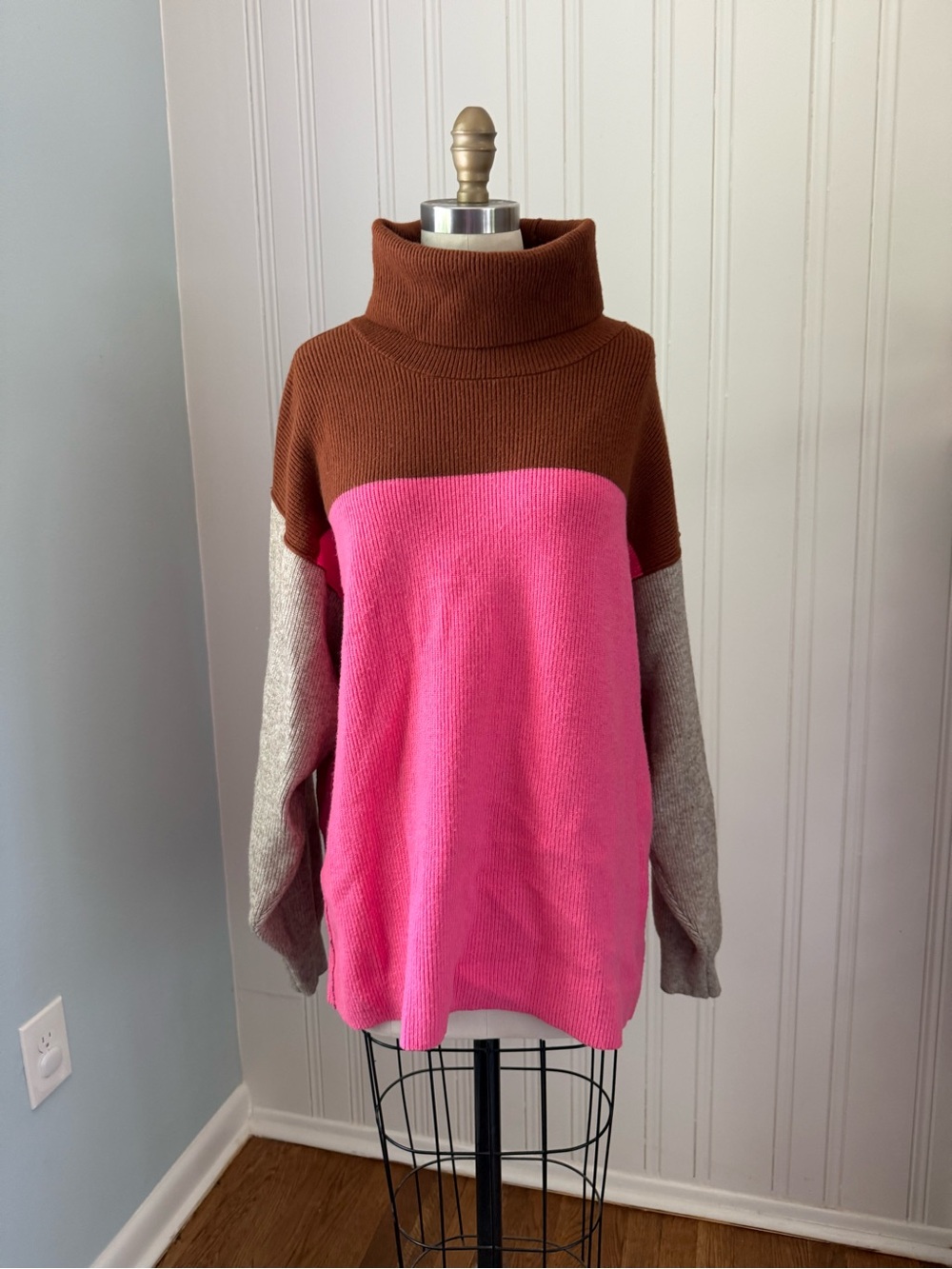 Free People Pink, Brown & Gray Colorblock Turtleneck Sweater